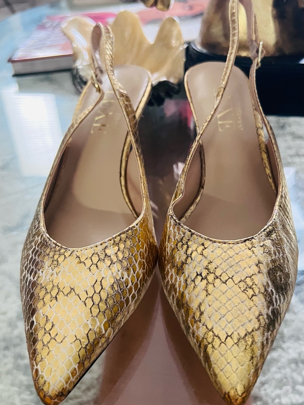 J.Renee Gold Metallic Snake-Print Slingback Heels
